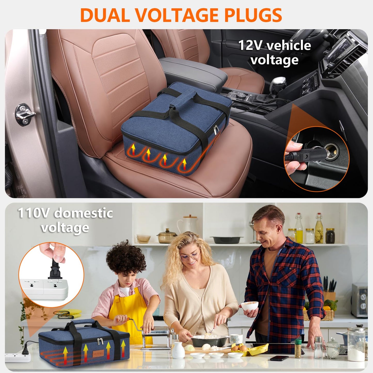 Food Warmer Electric Casserole Carrier - Large Heated Lunch Bag for Car Truck, 12V/24V/110V, Thermos for hot food for Potluck Cookouts Parties Picnic,Lasagna Lugger,Fits 9"x13" Baking Pan