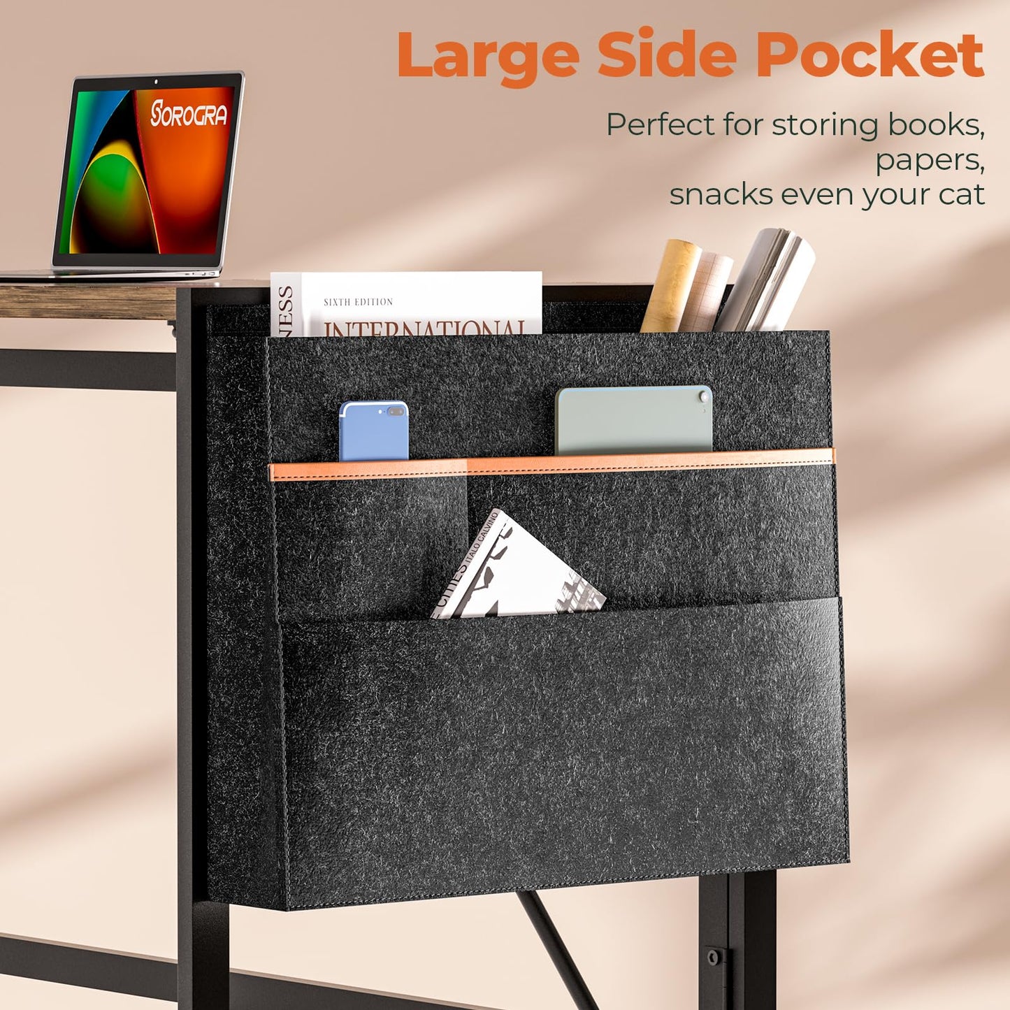 SOROGRA Folding Desk with Storage Pocket for Small Spaces, 31.5 Inch Foldable Desk with Headphone Hook for Bedroom Home Office, Portable Writing Table, Easy Assembly, Brown