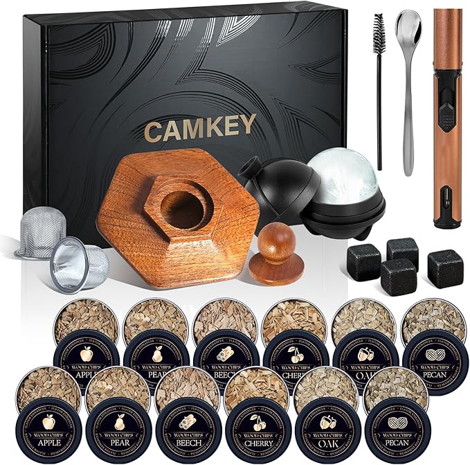 23Pcs Whiskey Smoker Kit with Torch-12 Wood Chips, Ice Ball Mold, Cocktail Smoker Infuser Kit, Old Fashioned Drink Smoker ...