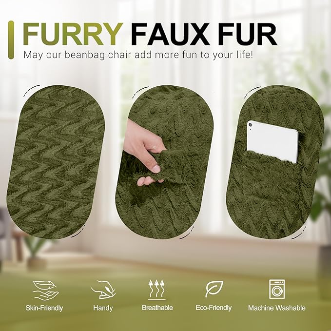 4FT Bean Bag Chair,Giant Bean Bag Chairs for Adults,Big Bean Bags with Memory Foam Filled, Large Beanbag Chairs with Chevron Plush Cover-Green