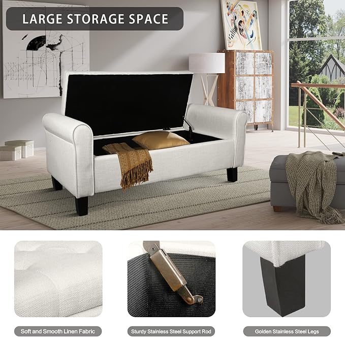 Babion Storage Bench for Bedroom End of Bed, Button Linen Fabric Storage Ottoman Bench 51 Inch, End of Bed Storage Bench with Upholstered, Rolled Arm Window Bench Seat with Solid Wood Legs, Beige