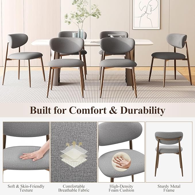 MALOL Dining Chairs Set of 4, Upholstered Dining Room Chairs with Metal Legs and Anti Slip Pads, Curved Back Kitchen Chair for Home and Restaurant Use, Light Grey