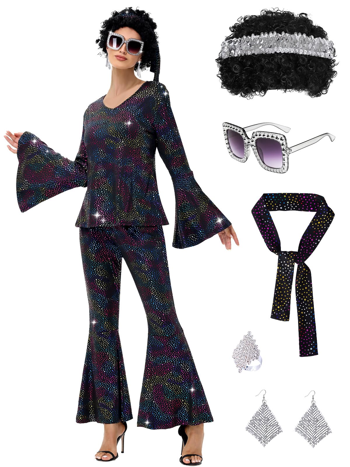 FEELJAM 70s Disco Outfits for Women, Retro 8 PCS Disco Costume with Top, Pants, Sunglasses, Ring, Earrings, Wigand (Black, Large)