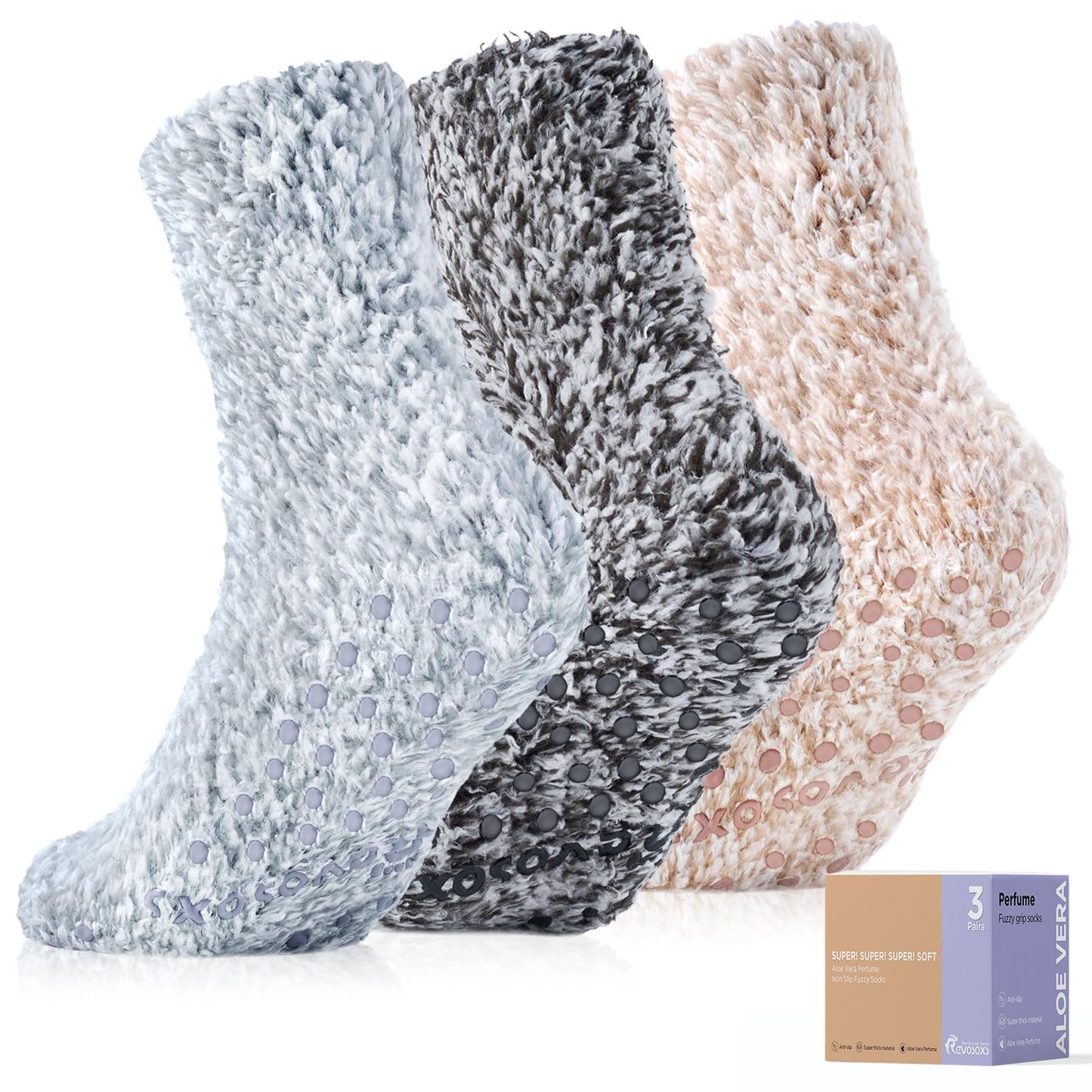 Revosoxs Fuzzy Socks with Grips for Women Men,Non Slip Hospital Crew Cozy Socks with Aloe Vera Perfume(Black+Grey+Brown)