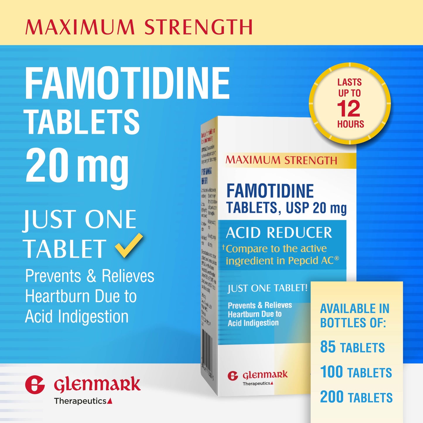 Glenmark Maximum Strength Famotidine Tablets, 20 mg, Acid Reducer for Heartburn Relief, 200 Count (Pack of 2)