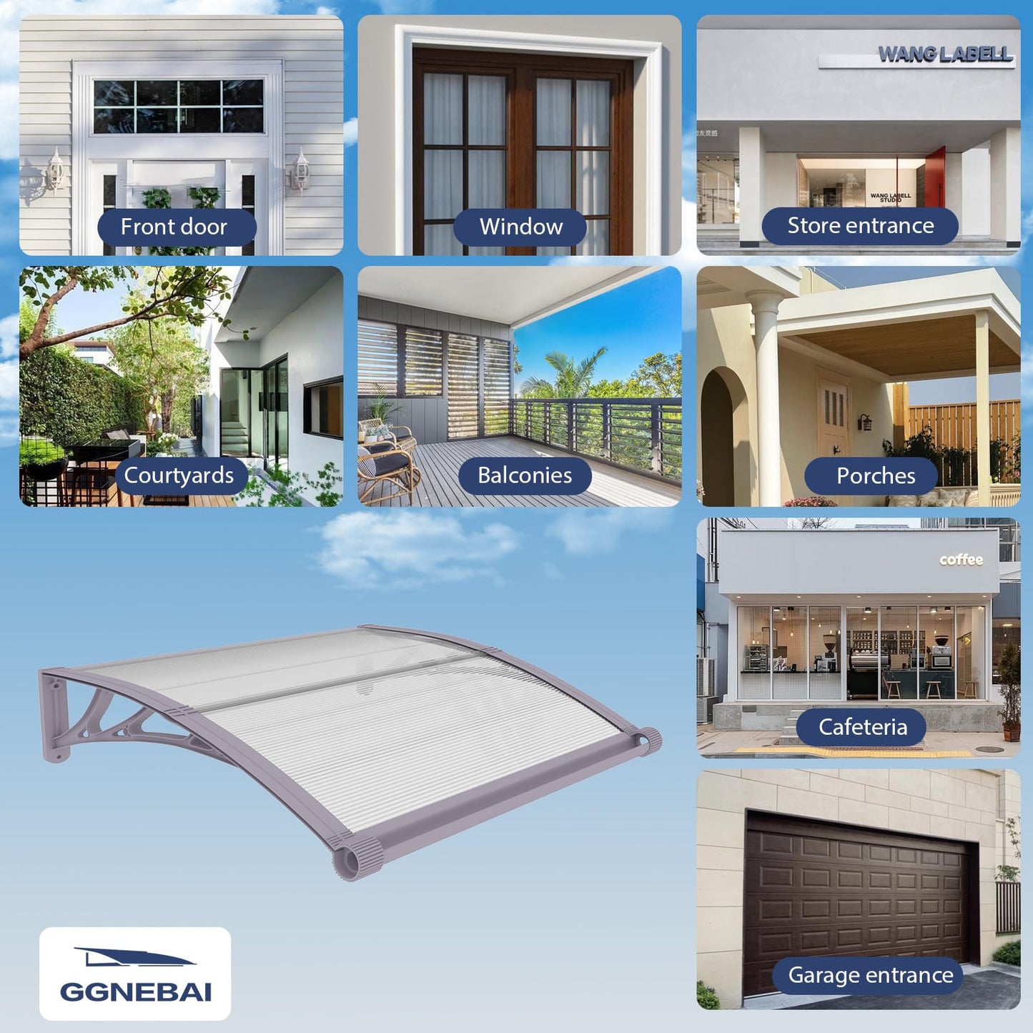 GGNEBAI Awning for Door Entrance,40x40 inches Awnings for Doors with Separate Drainage,Front Door Awning Exterior,Polycarbonate UV, Rain, and Snow Protection for Porch,Patio,Window,Deck