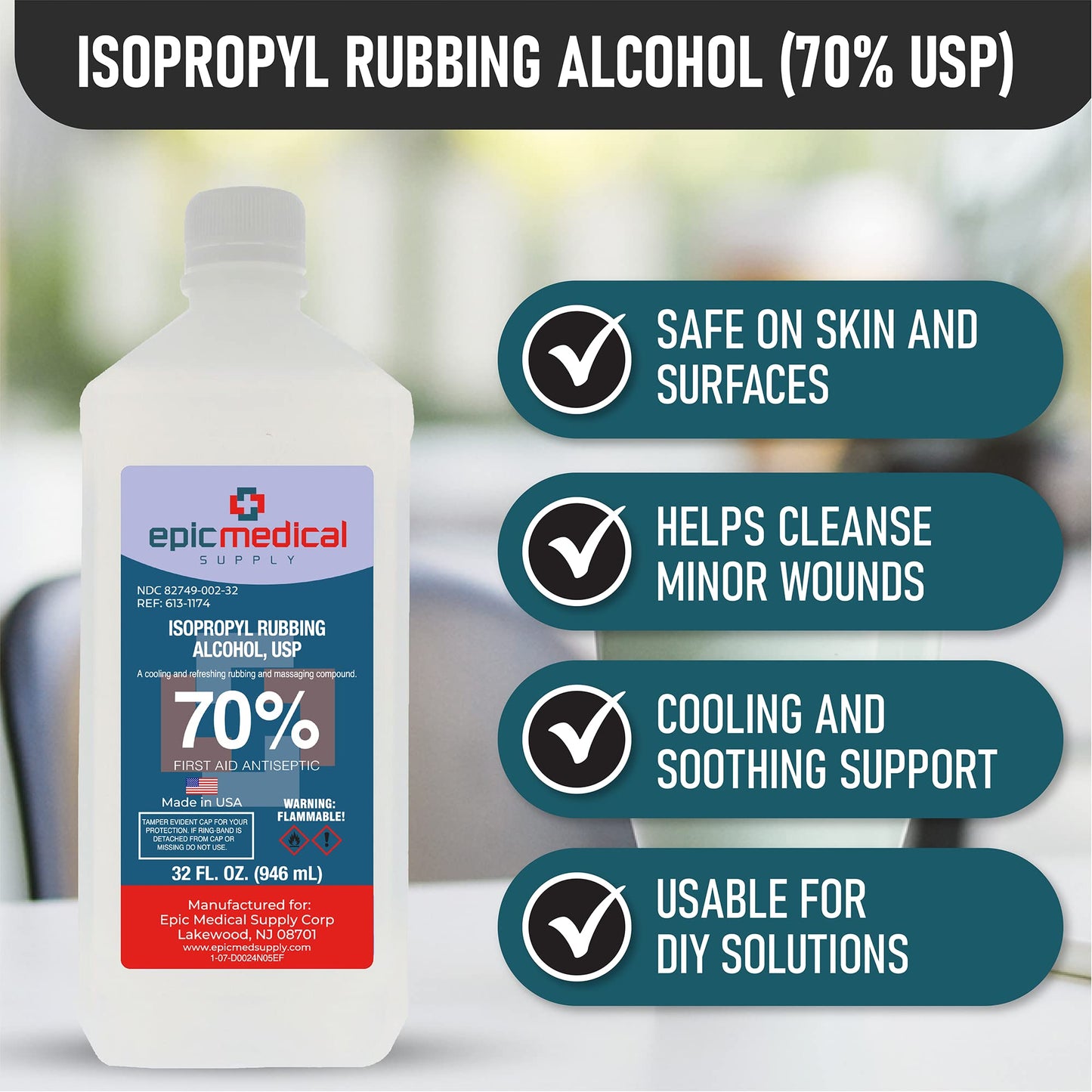 Epic Medical Supply Isopropyl Rubbing Alcohol 70% USP, 32 oz. Bottle, Multipurpose First Aid Antiseptic for Minor Wounds, Cuts, and Scrapes (32.00 Fl Oz Pack of 2)