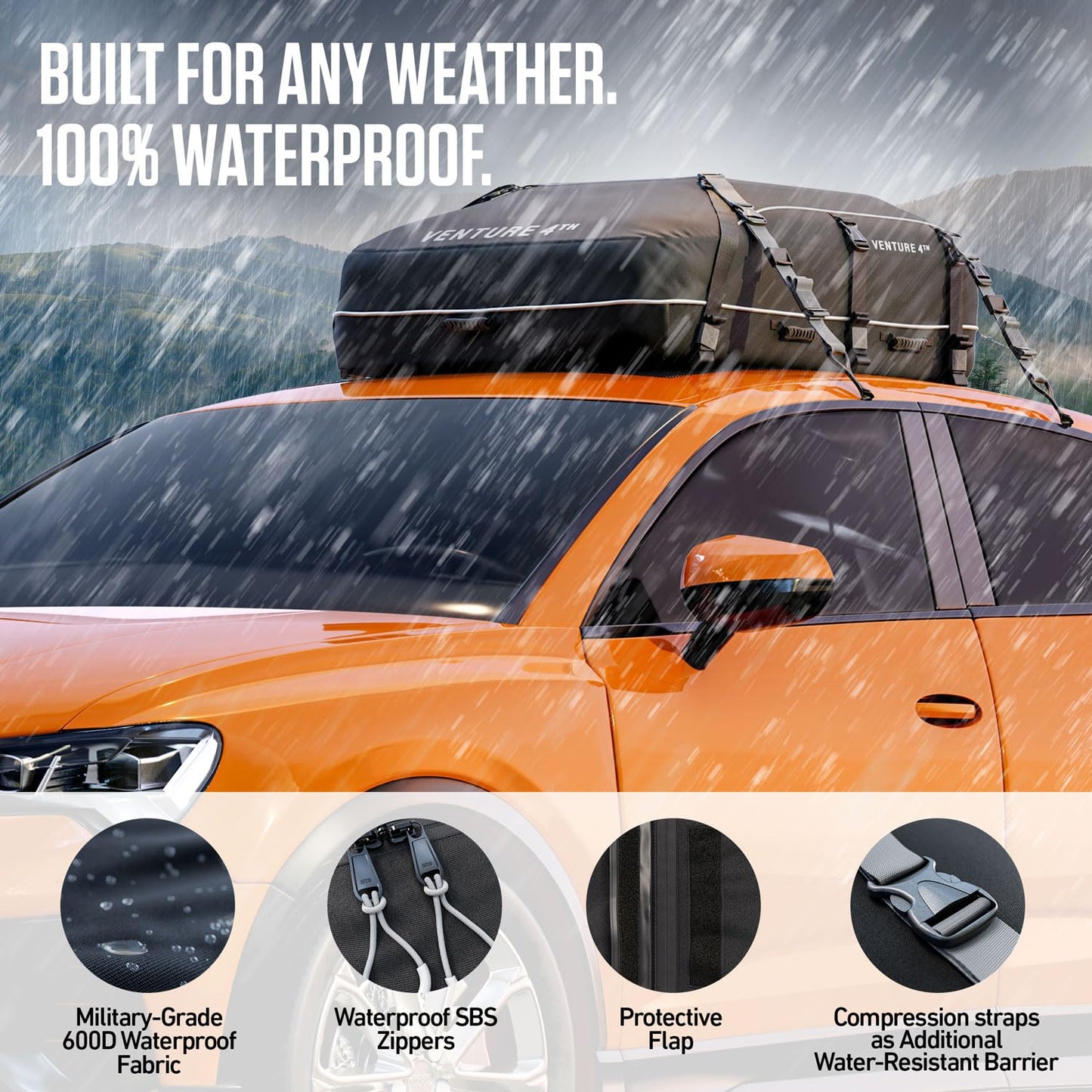 VENTURE 4TH Car Rooftop Cargo Carrier – 21 Cubic Feet Waterproof Roof Bag with 10 Heavy-Duty Compression & Tie-Down Straps, Anti-Slip Mat & Door Hooks – Fits Cars with or Without Roof Rack
