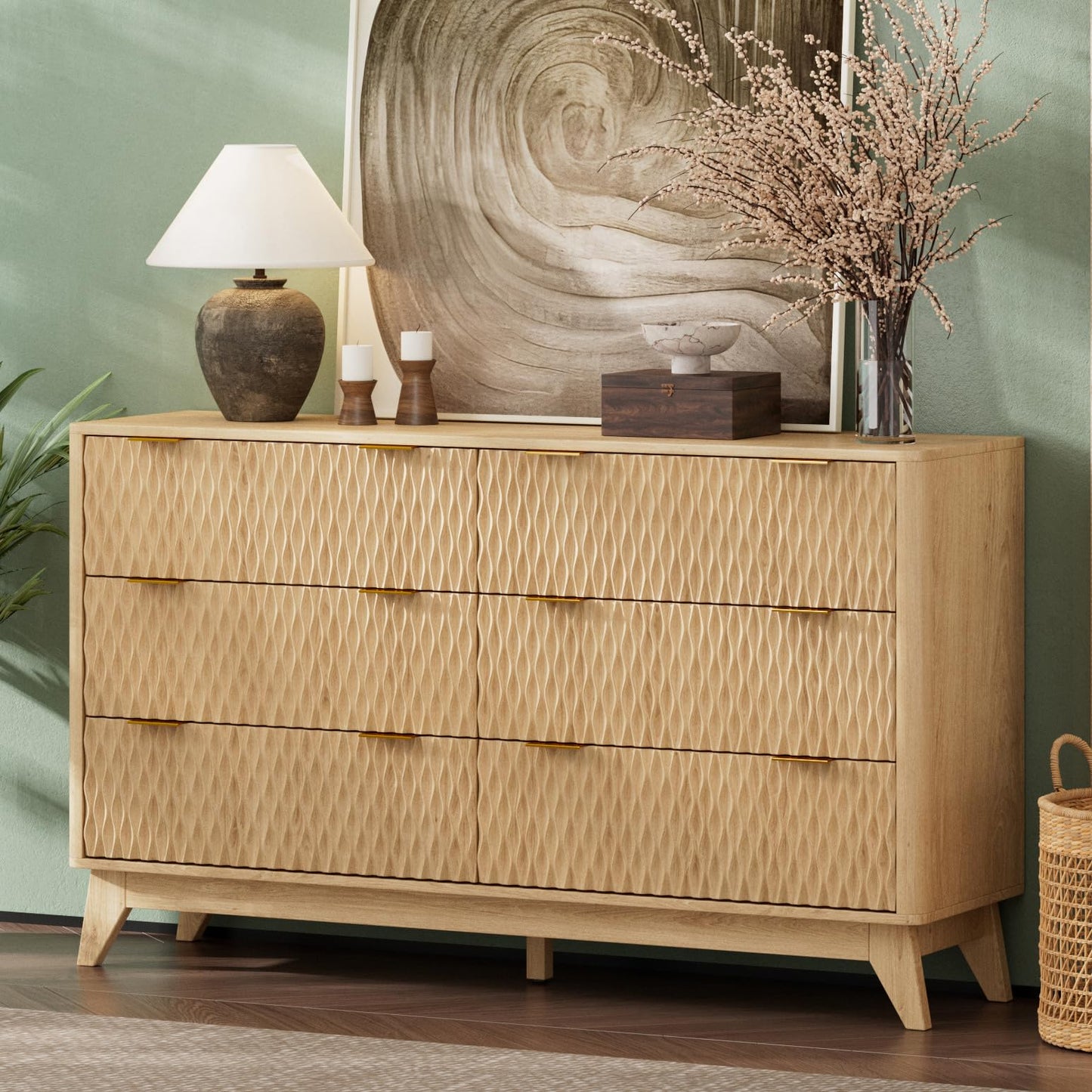 Cooday Fluted 6 Drawers Dresser, Modern Dressers & Chests of Drawers, 54" Wide Light Wood Dresser for Bedroom, Storage Cabinet Organizer for Hallway(Natural Oak)