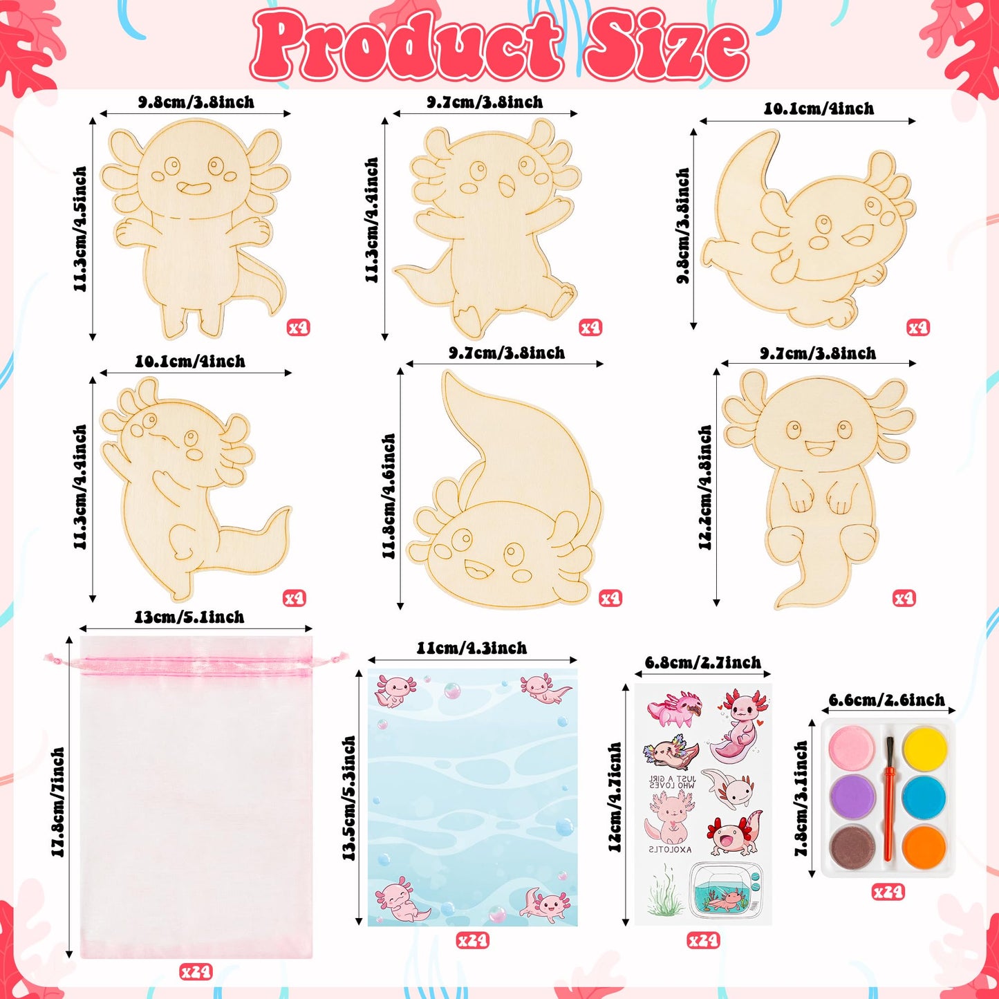 BeYumi Axolotl Party Favors Set - 24Pcs Axolotl Birthday Party Supplies Tattoo Stickers and Watercolor Paint Craft Kit Birthday School Classroom Goodie Bags Stuffers Prize Gifts for Kids Girls Toddler