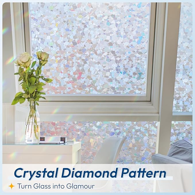 rabbitgoo Rainbow Window Privacy Film Decorative Stained Glass Diamond Pattern Window Sticker with Iridescent Tint Non-Adhesive Static Cling for Home Office Crystal Pattern, 17.5 x 118.1 inch