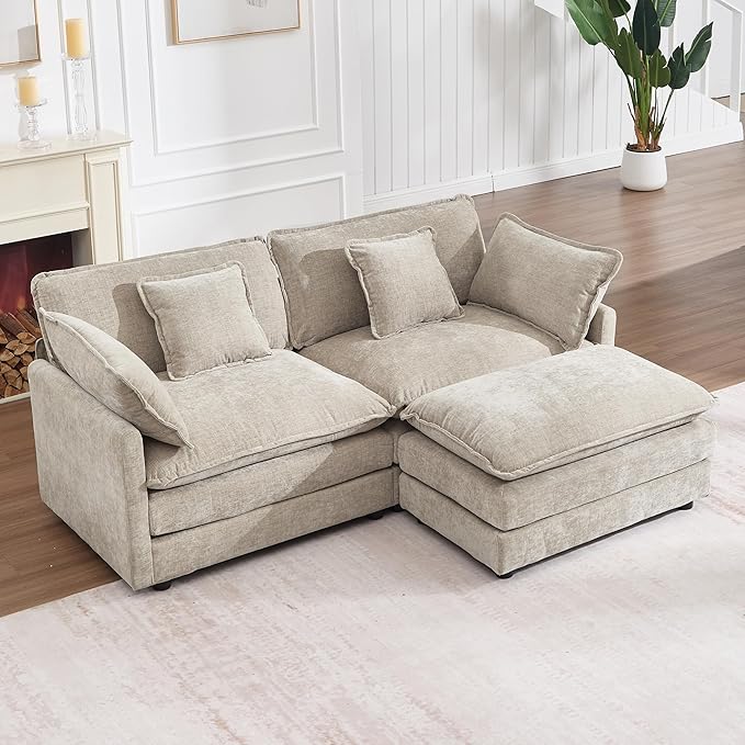 KIVENJAJA Chenille L-Shaped Modular Sectional Sofa, Modern Loveseat Comfy Deep Seat Cloud Couch with Ottoman/Chaise & 4 Pillows for Living Room Office Apartment, 76.7" W, Light Camel