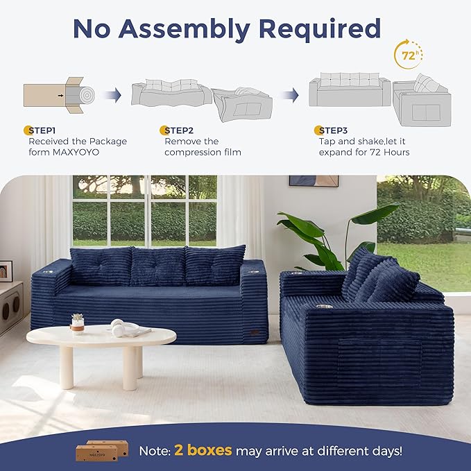 MAXYOYO Boneless Couch and Loveseat Sets for Small Spaces, Mini Love Seat Floor Couch with Cup Holders and Pillows, Upholstered Cloud Couch for Bedroom Apartment, No Assembly Required