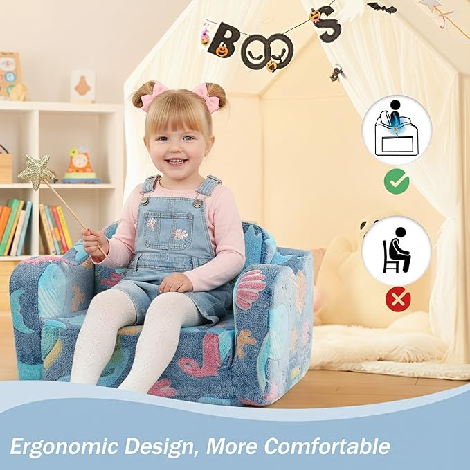 MeMoreCool Folding Toddler Chair, Glow-in-The-Dark Soft Plush Kids Fold-Out Couch Sofa, Comfy Baby Recliner for Girls and Boys (Denim Mermaid)