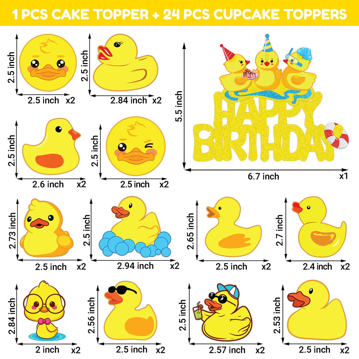 Duck Cake Topper Picks, 25 PCS Rubber Yellow Duck Cupcake Toppers Cake Decorations Ducky Farm Animal Theme Birthday Party Supplies Favors Decor Centerpiece Table for Boys Girls Carnival School Rewards