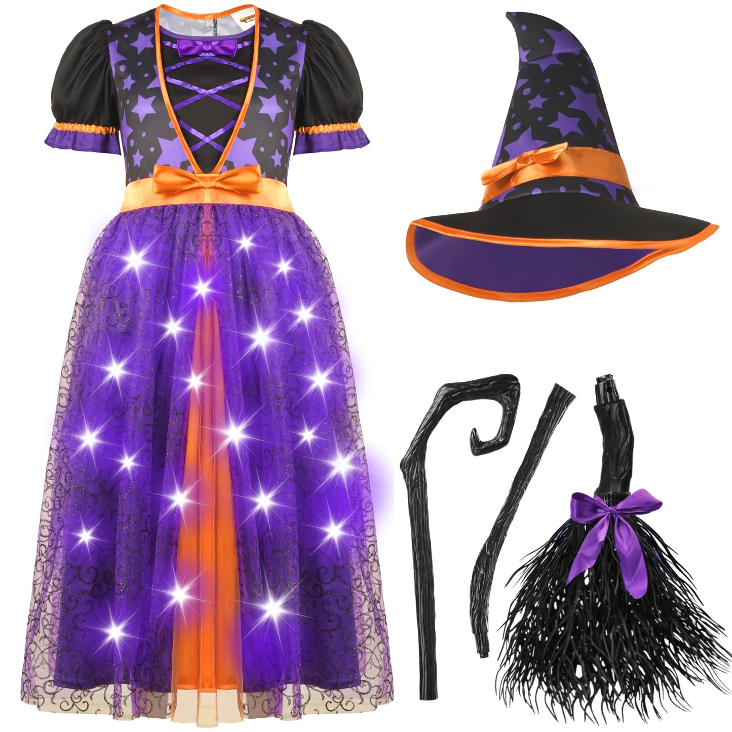 Spooktacular Creations Light Up Witch Costume for Toddler Girls, Child Fairy Tale Witch Outfit Set with Broom and Hat for Kids Halloween Dress Up Parties, Purple, S