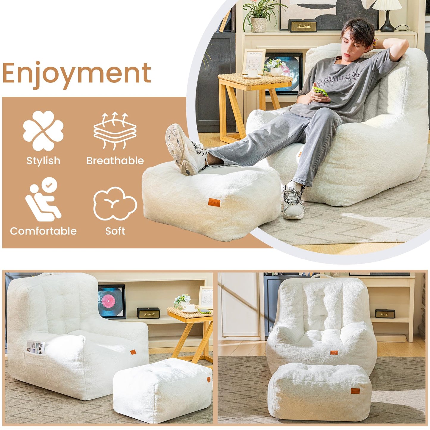 Cvortll Giant Bean Bag Chair for Adults with Ottoman, High-Density Oversized Bean Bag Sofa, Cozy Lazy Comfy Floor Sofa for Bedroom, Reading Chair for Living Room, White