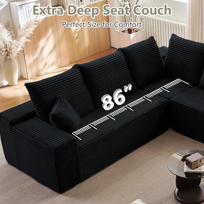Sectional Cloud Couch for Living Room, Modular Floor Deep-Seat Sofa, Big Comfy Corduroy Couches Set with Fluffy Memory Foam, Stupendous L Shaped Sofas with Chaise, No Assembly Required, Black