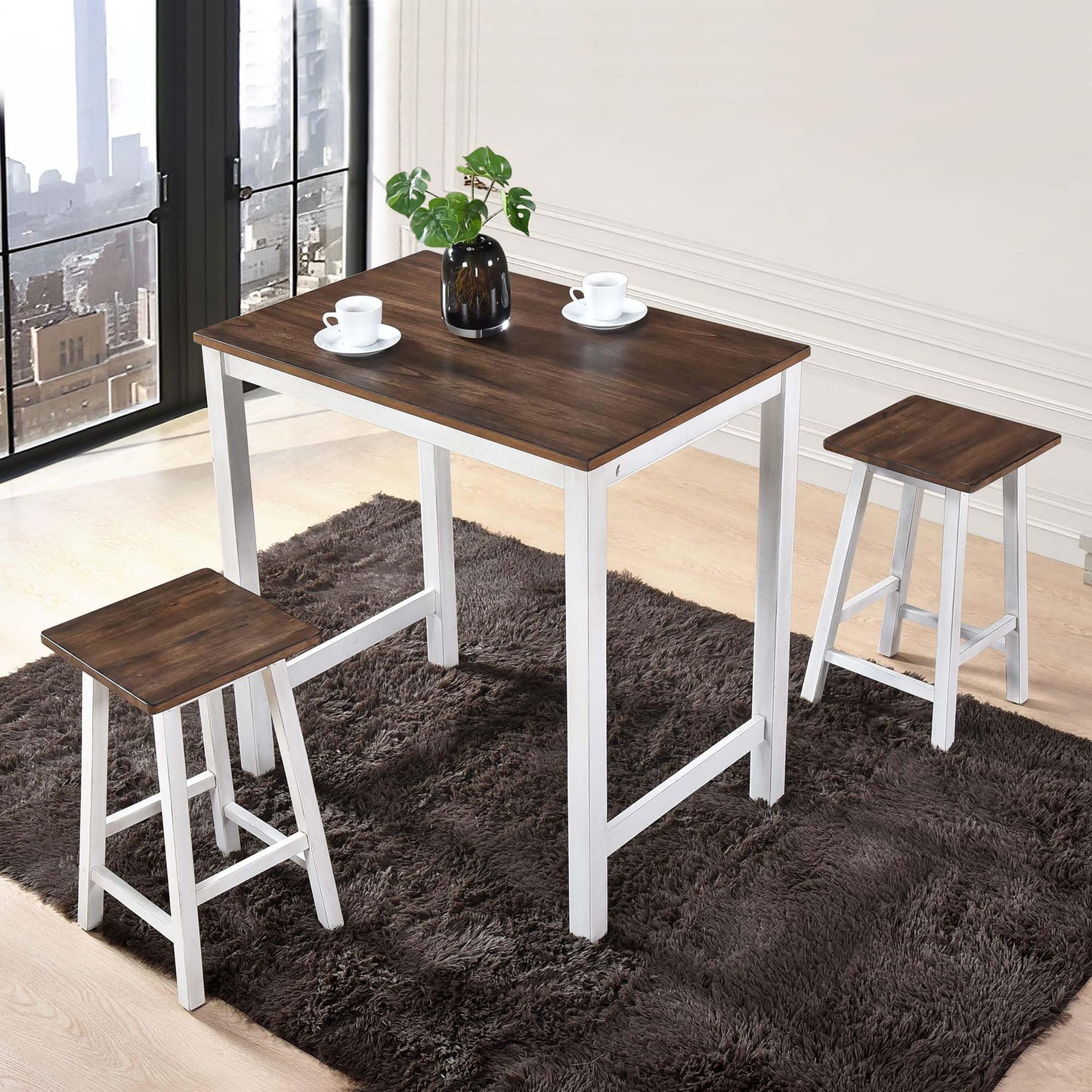 Fonkoir 3 Piece Bar Table Set, Counter Height Pub Table with 2 Saddle Bar Stools, Pub Dining Set Kitchen Table Set for 2, 42'' Wood Table & Chair Set for Bar Kitchen Office, Greyish Brown
