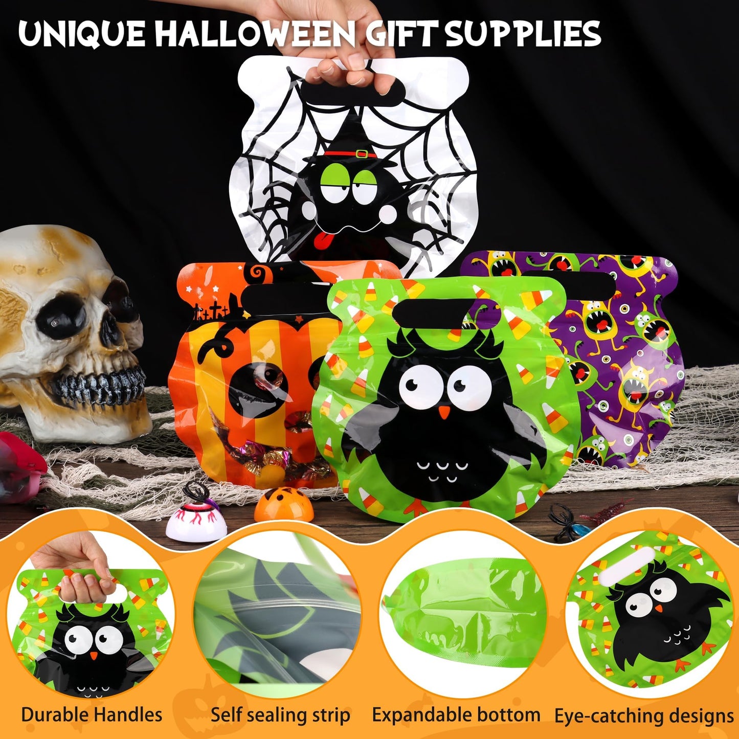 POPGIFTU 56 Pcs Halloween Goodie Bags with Handles - 8 Designs Resealable Treat Pouches for Candy, Snacks, Cookies, Bulk Trick or Treat Bags for Kids Party Favors & Classroom Halloween Supplies