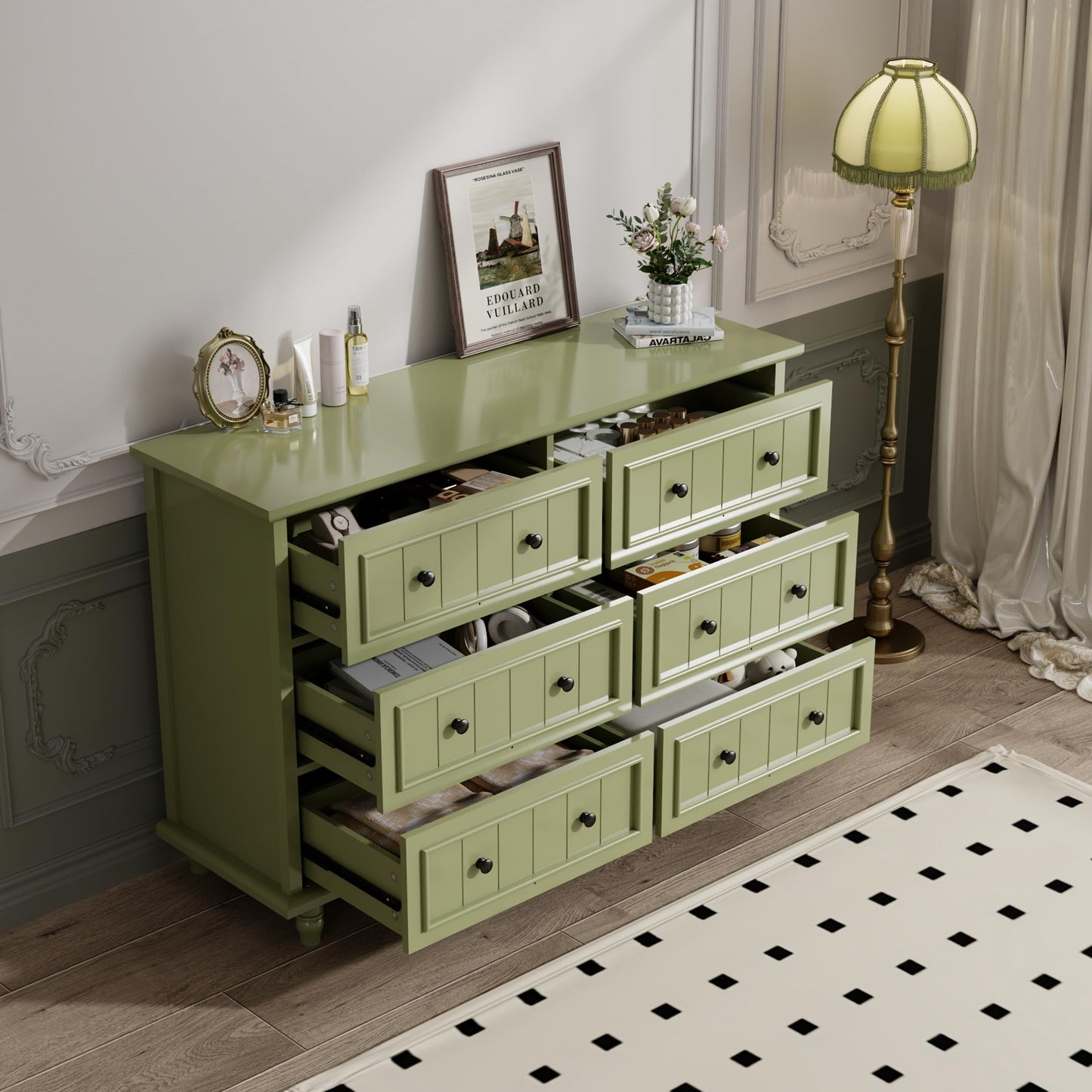 Scurrty 6 Drawer Dresser, Antique Chest of Drawers, Large Cabinet with Storage, Big Dresser for Clothes in Living Room, Bedroom (Black)