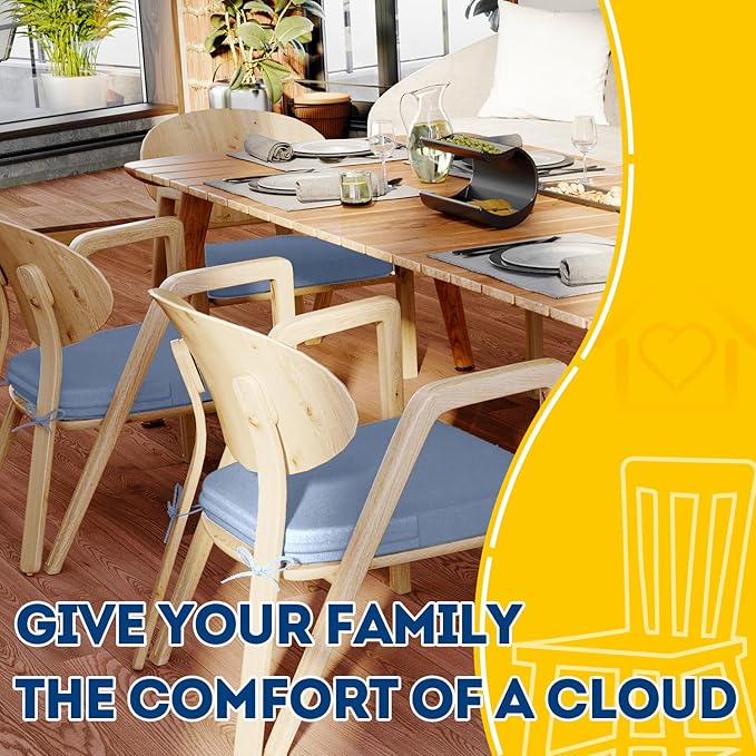 AAAAAcessories D-Shaped Chair Cushions, 2" Thick Dining Chair Pads with Ties and Removable, Machine-Washable Cover, 17" x 16", Set of 8, Light Blue