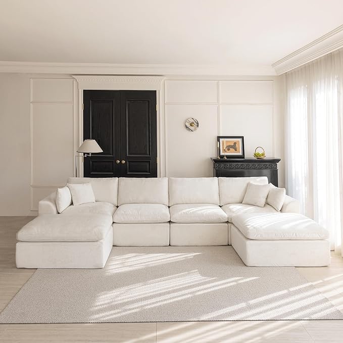 155''Cloud Sectional Couch, Modern L-Shape Sofa with Ottoman, Oversized Convertible 6 Seater Modular Couches for Living Room, Warm White