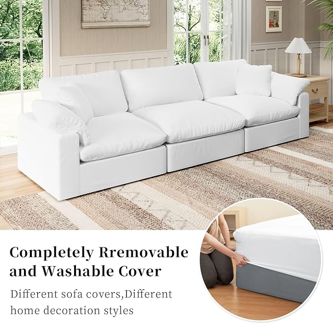 Intuition Decor Modular Sectional Sofa Cloud Couch,Down Filled Comfy Cloud Modern Sofa,White Linen Oversized Couch Cushion Covers Removable for Living Room(3 Seater)