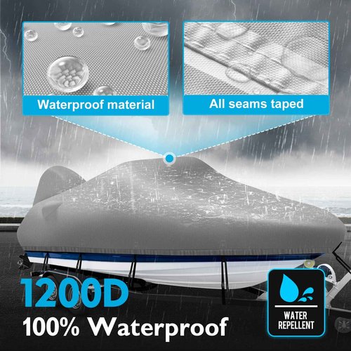 Boatpro 1200D Waterproof Boat Cover with Motor Cover,Solution-Dye Marine Canvas Trailerable Boat Cover 16-18.5ft for 16 feet 17ft 18' Foot V-Hull Bass Boat Tri-Hull Runabout Boat, Gray