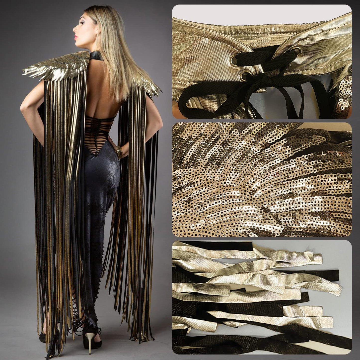 Ypser Shoulder Pieces with Fringed Angel Wings Cape Shawl for Burning Men Halloween Cosplay Golden