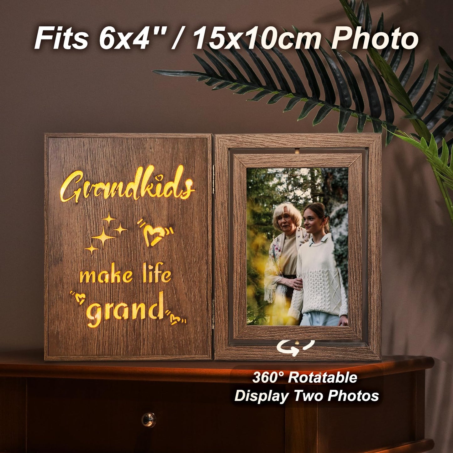 Grandkids Make Life Grand Light Up Photo Frame, Rotating Double-Sided 4x6 Vintage Wooden Grandma Grandpa Glowing Picture Frame, Gifts for Grandparents for Mother's Day, Father's Day, Christmas