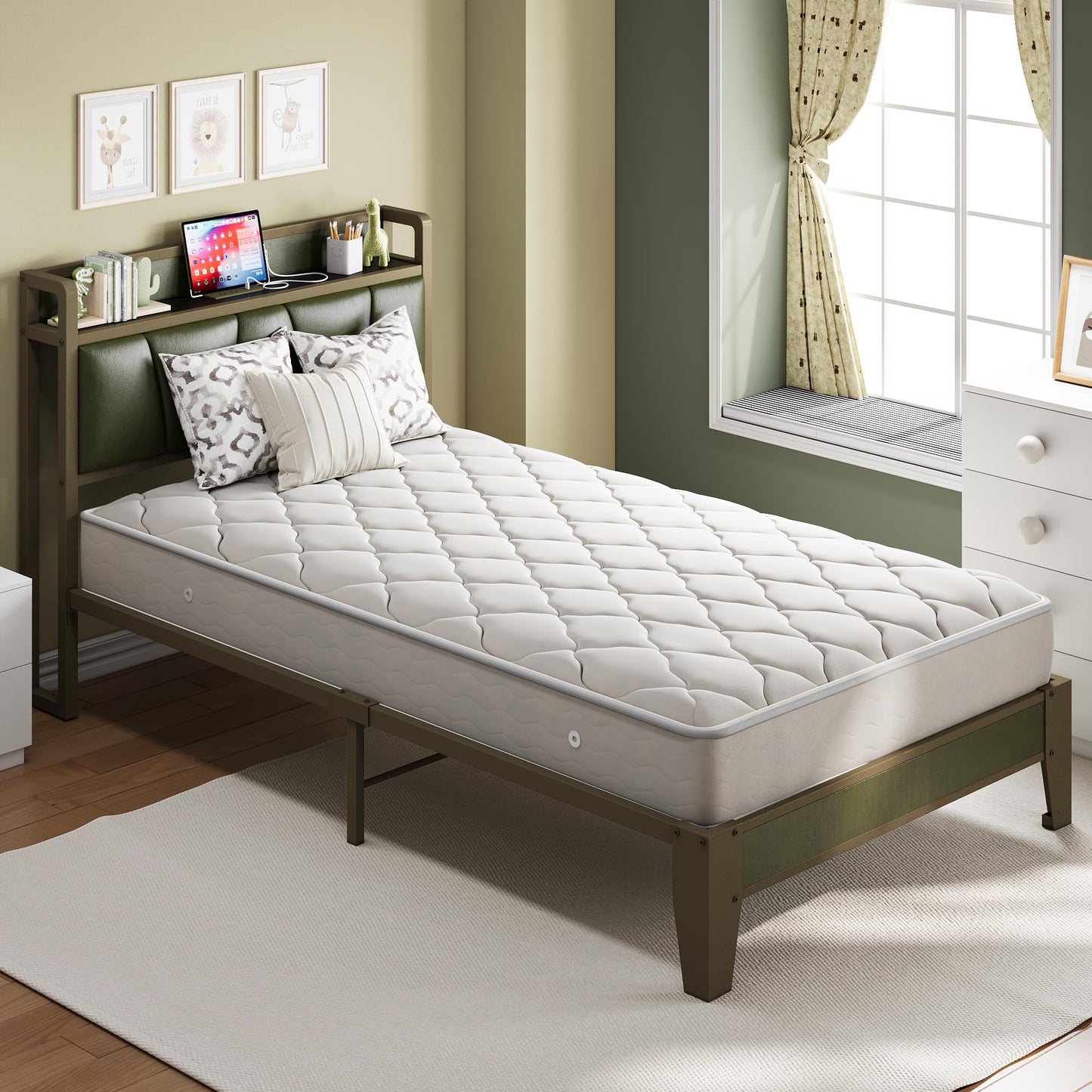 LIKIMIO Twin Bed Frame, Storage Headboard with Charging Station, Solid and Stable, Noise Free, No Box Spring Needed, Easy Assembly (Dark Green)