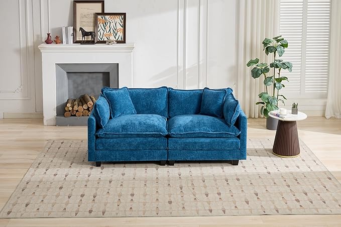 SoarFlash 77.95" Chenille Sectional Sofa, Comfy Modular Loveseat Sofa, Modern 2-Seat Couch Deep Seat Sofa Set for Living Room,Blue