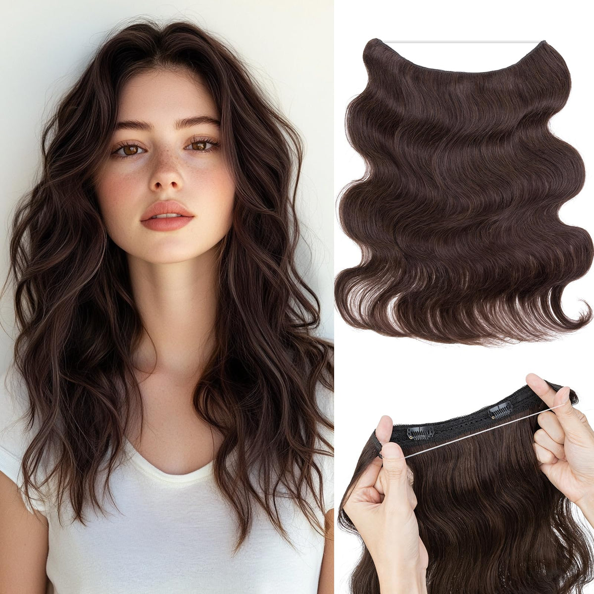 S-noilite Wavy Halo Hair Extensions Real Human Hair,16Inch Invisible Wire Hair Extensions,2 Clips Halo Extensions for Women(Dark