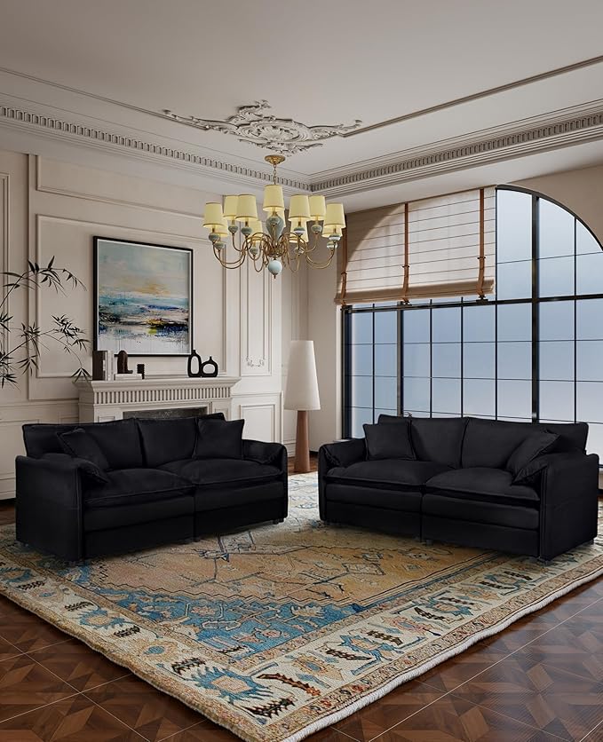 RENDGO Modular Sectional Sofa Sets,2 Pieces Chenille Sectional Loveseat Sofas,Deep Seat Comfort,4-Seater Comfy Couch for Living Rooms & Apartment, Guest Rooms,Black