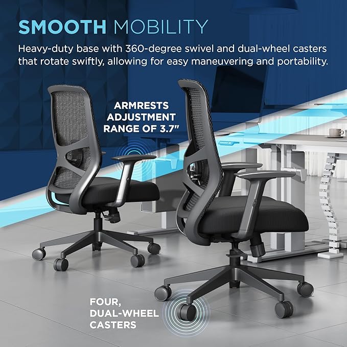 Tempur-Pedic ProTask Executive Task Office Chair with Mesh Back and Built-in Lumbar Support, Height-Adjustable Ergonomic Mesh Office Desk Chair, Black