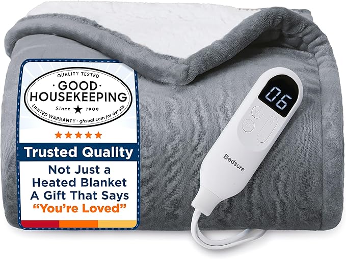 Bedsure Heated Blanket Throw Blanket - Fast Heating Electric Blanket, Soft Flannel Heated Throw with 4 Time Settings, 6 He...