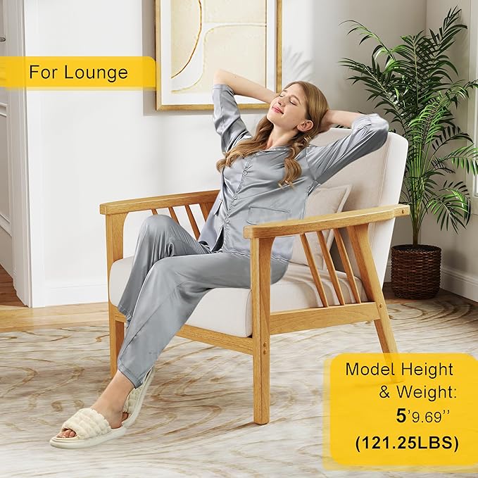 SEYNAR Mid-Century Accent Chair, Linen Fabric Armchair and Lounge Chair with Lumbar Pillow, Wide Seat & Solid Wood Frame for Living Room, Bedroom or Balcony(Beige)