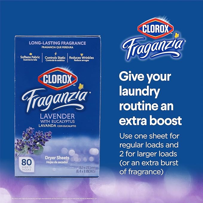 Clorox Fraganzia Fabric Softener Dryer Sheets, Lavender Scent - Wrinkle Reducing Scented Softening Laundry Dryer Sheets for Great Smelling Clothes, 80 Count - 6 Pack