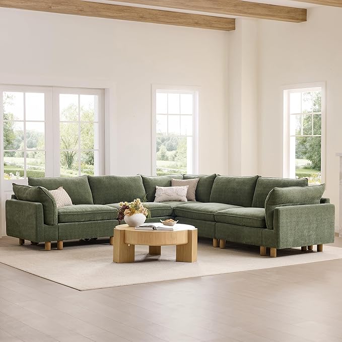CHITA 161" Super Large Sectional Couches for Living Room, Modular Cloud Couch Sectional Sofa, Premium Fabric Couches, Down Filled, High Density Foam, Chenille in Green, 6 Seat U Shaped