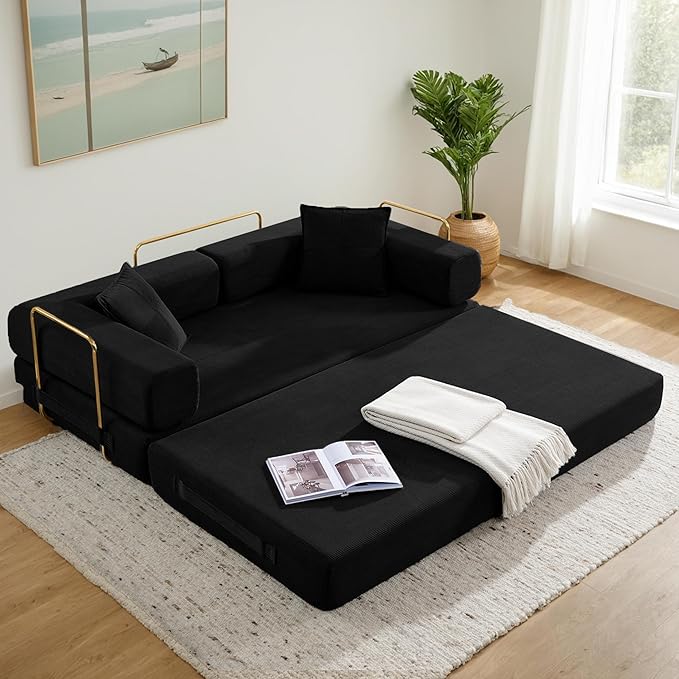 Convertible Couch Sofa Bed Foldable Floor Sleeper | Modern Fold Out Deep Seat Couch | Removable Backrest & Armrests | No Assembly Compression Sofa Sleeper for Living Room, Bedroom | Black Corduroy