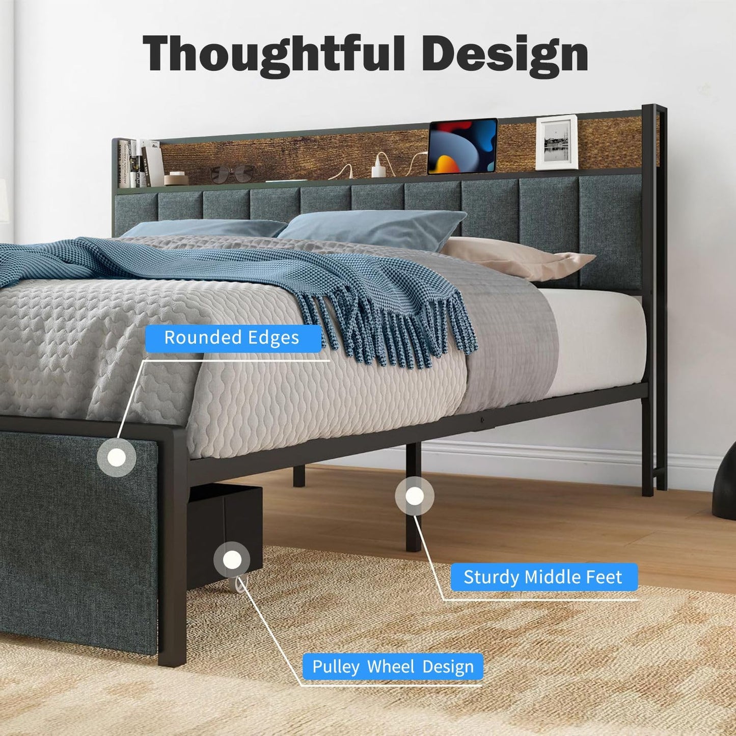 Queen Size Bed Frame with Socket and Storage Bed Frame with LED Light, Heavy Duty Metal Slats Support, No Box Spring Needed