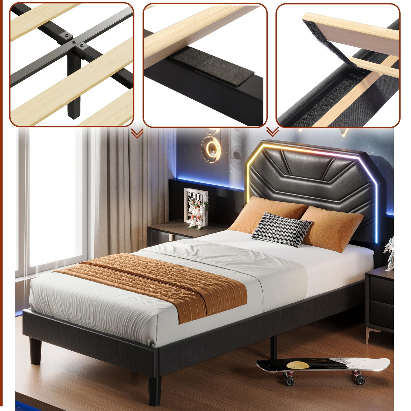 LIKIMIO Twin XL Bed Frames with Lighted Headboard, Upholstered Modern Cama Twin XL Platform Bed with Heavy Duty Supports, No Box Spring Need, Noise Free, Easy Assembly, Black