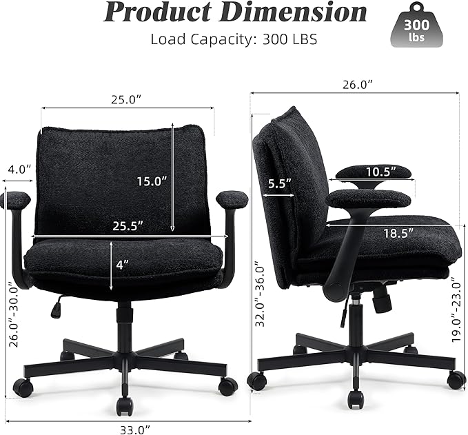 Kassipo Criss Cross Legged Office Chair with Wheels and Flip-Up Arms, Upholstered Criss Cross Desk Chair, Wide Seat Chairs for Home Office, Vanity, Apartment, Black
