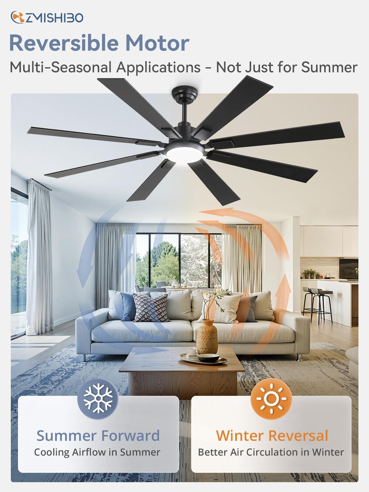 ZMISHIBO 65 Inch Ceiling Fans with Lights and Remote, Black Large Ceiling Fan with 3000-6000K Dimmable, Quiet Reversible DC Motor, 6 Speeds, 8 Blades Indoor/Outdoor Ceiling Fan for Patios Living Room