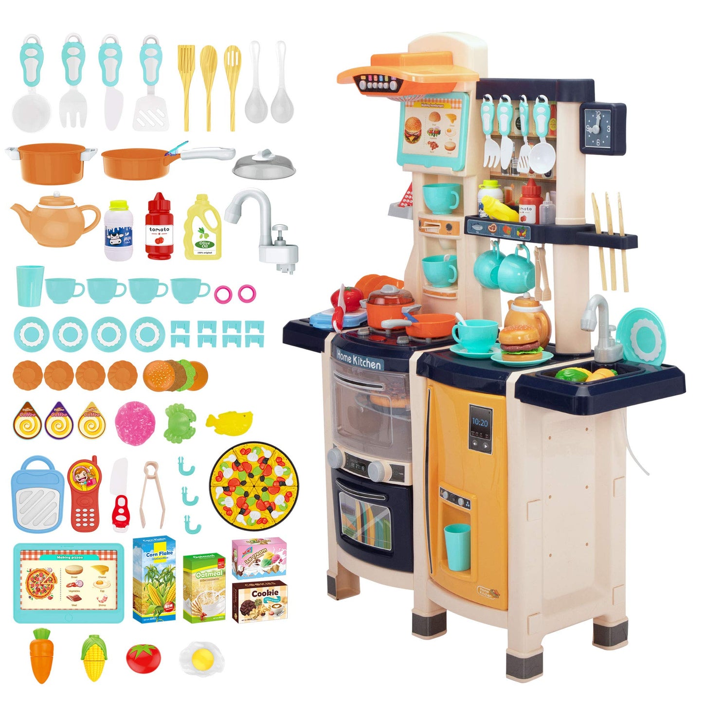 SANDINRAYLI Play Kitchen, Kids Kitchen Playset for Kids Ages 4-8, Toy Kitchen with Spray Stove, Oven, Sink, Dishwasher, Pretend Kitchen Set for Toddlers 3-5 with Real Sounds and Light, Blue