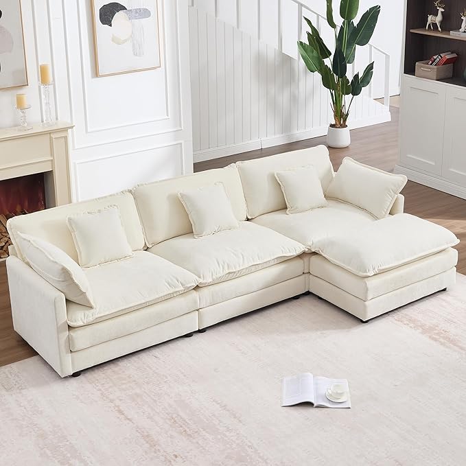 KIVENJAJA 111.5”W Chenille L-Shaped Modular Sectional Sofa, Modern 3-Seater Comfy Deep Seat Cloud Couch with Ottoman/Chaise & 5 Pillows for Living Room Office Apartment, Beige