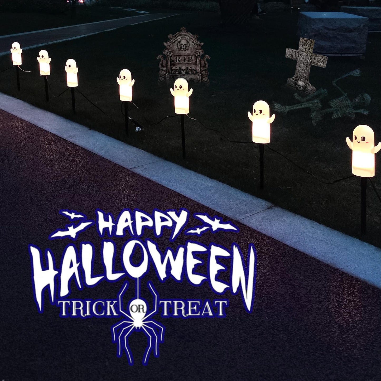 CHYParty Halloween Ghost Pathway Lights Outdoor, C7 Pathway Lights, 7 FT White Ghost Lights Connectable Pathway Lights for Walkway Driveway Yard Garden Lawn Sidewalk Party Decorations