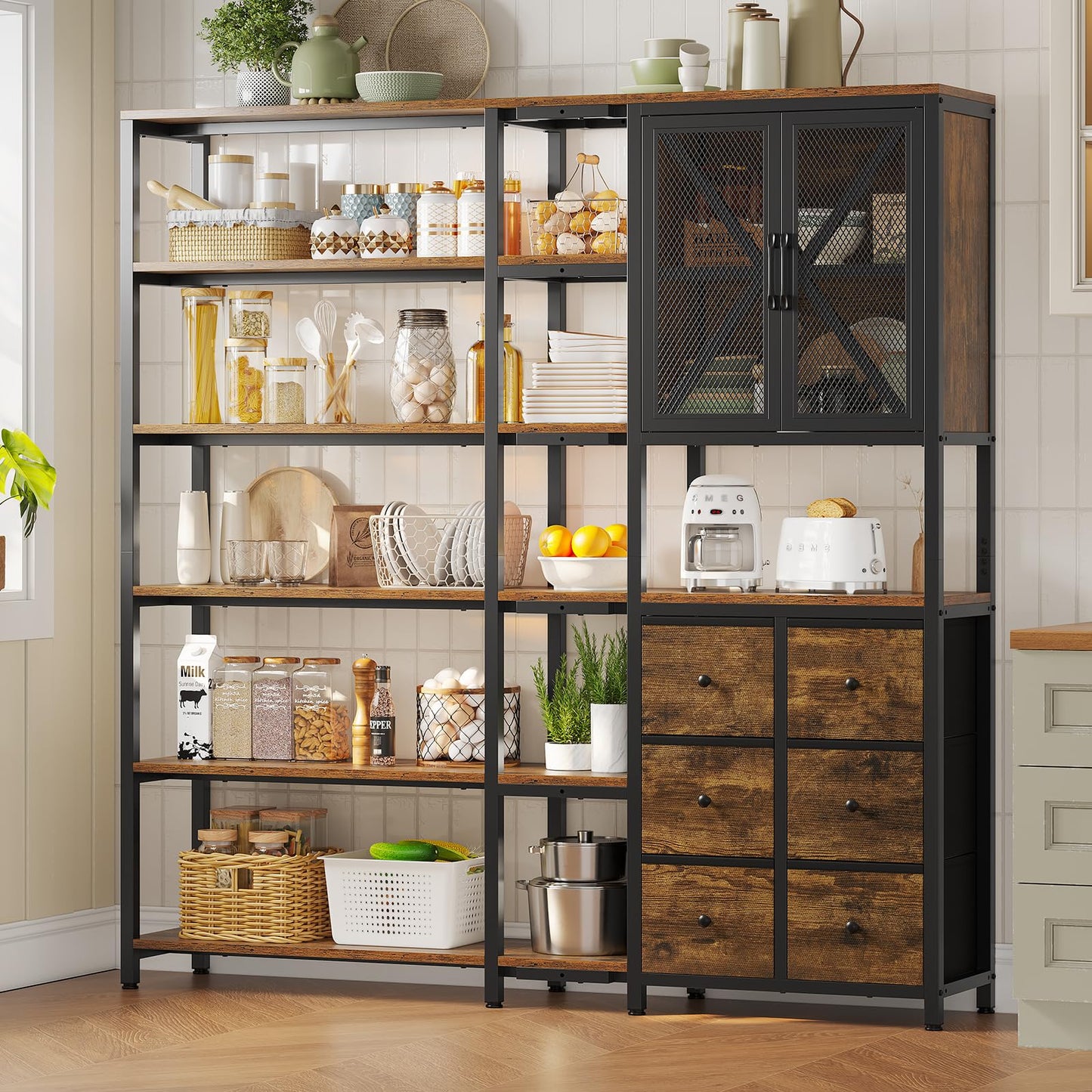 HAUOMS Corner Bookshelf, 6 Tier Industrial Convertible Bookshelf with 6 Fabric Drawers, Corner Bookcase Large L Shaped Storage Display Shelf for Home Office, Living Room, Kitchen, Rustic Brown