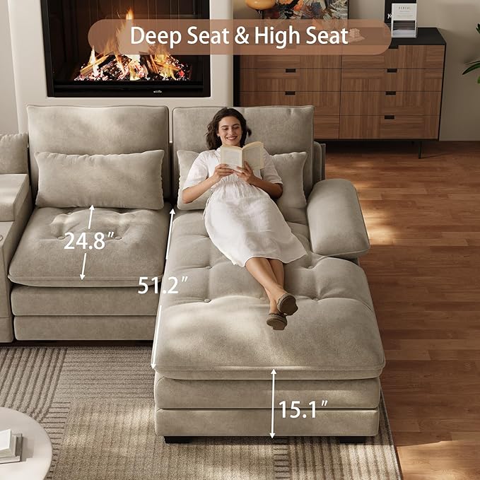 BEQAI 134"U Shaped Sectional Couches for Living Room,Oversized Modular Sectional Fluffy Couch with Chaise Lounge & Tufted Buttons,Modern Chenille 6 Seat Living Room Sofa Set with Storage Console,Camel